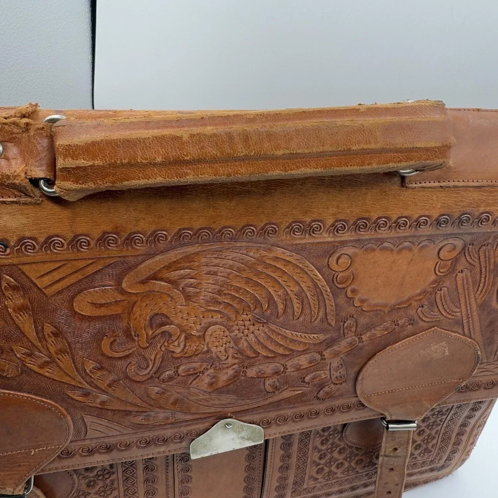 Vintage House of Uppenheim Tooled Leather Briefcase Brown Aztec Eagle Mexico Bag